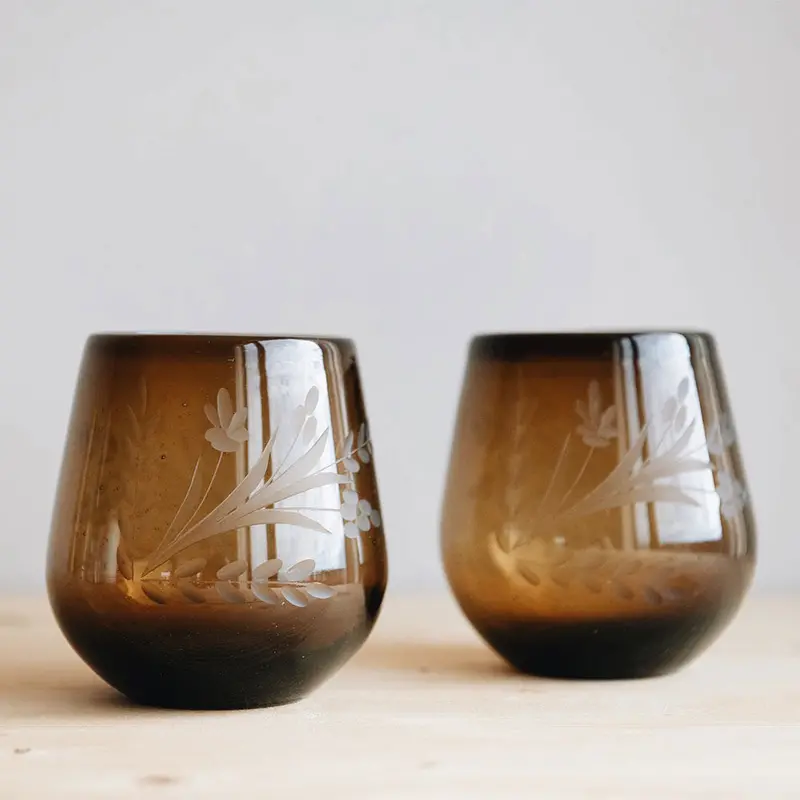 Amber Hand-Etched Floral Tumbler 1