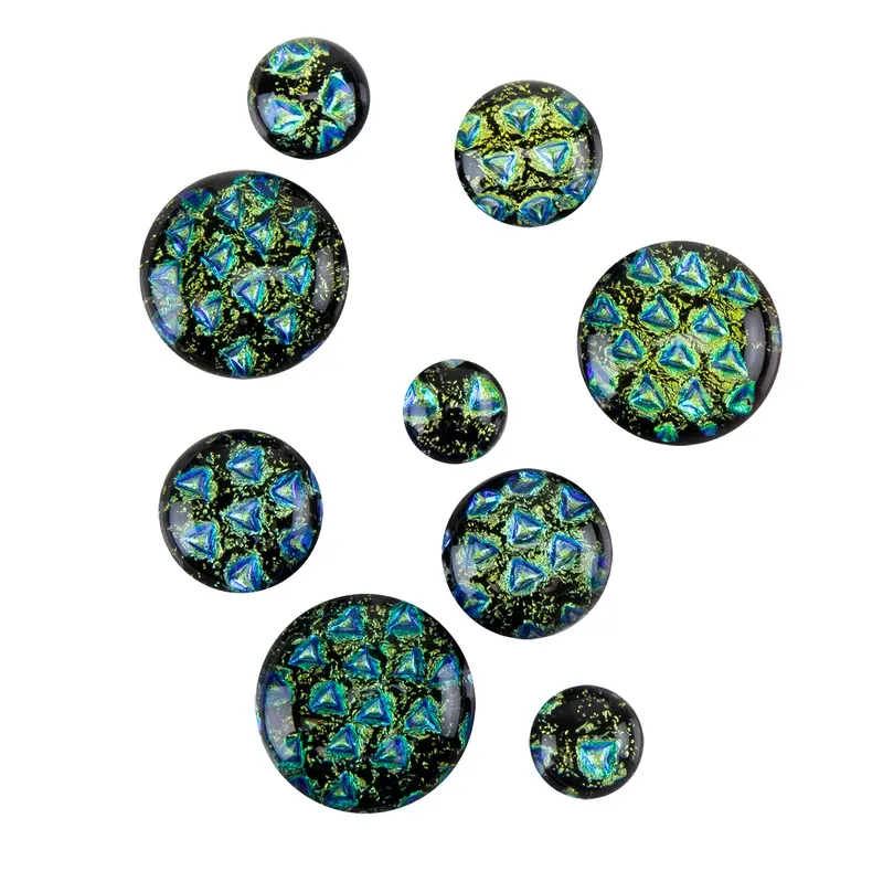 Black Geometric Dichroic Glass Cabochon – Round, Iridescent 1