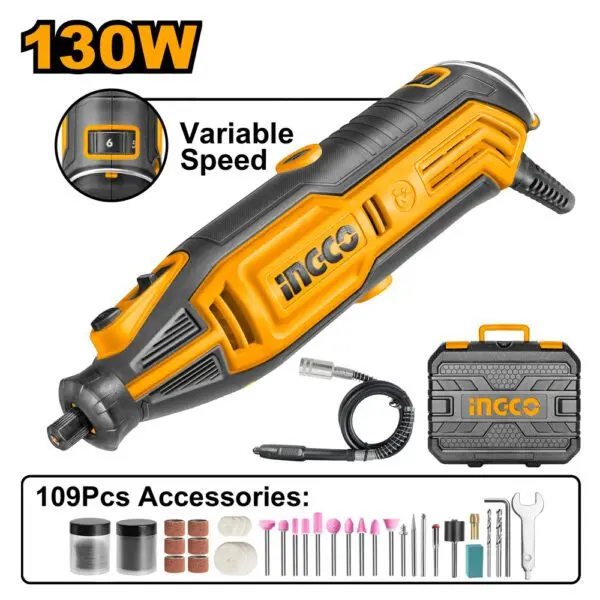 Ingco 130W Mini Angle Grinder With 109-Piece Accessory Kit 1