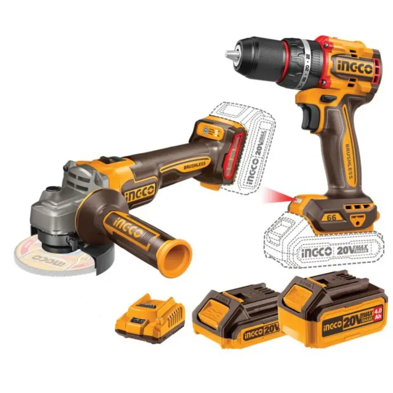 Ingco 20V Cordless Combo Kit – 1200W Grinder + 66 N·M Impact Drill, 2×4.0Ah Batteries & Charger 1