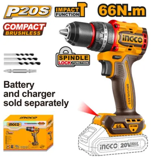 Ingco 20V Cordless Drill Driver – 66 N·M, Includes 2×65Mm Drill Bits 1
