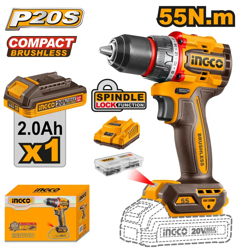Ingco 20V Cordless Drill Kit – 55Nm Brushless Motor, Complete Package 1