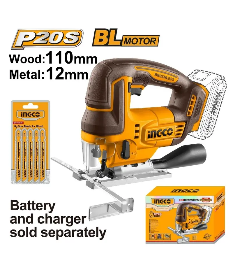 Ingco 20V Cordless Jigsaw – Brushless Motor, Includes 5 Blades 1