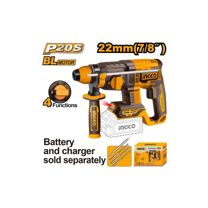 Ingco 20V Cordless Rotary Drill – Brushless Motor, Bare Unit + 4 Accessories 1