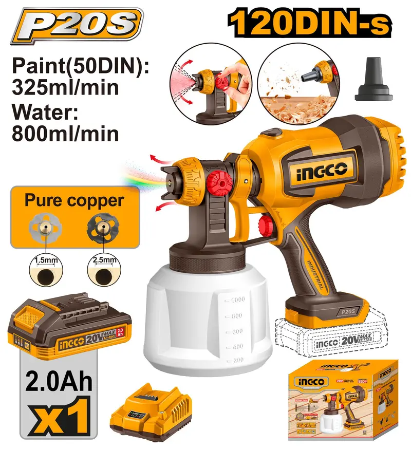 Ingco 20V Ps+ Cordless Spray Gun Kit – Includes 5 Accessories & 1 Battery 1