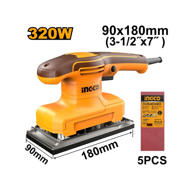 Ingco 320W Finishing Sander (90X180Mm) With 5 Sanding Sheets Included 1