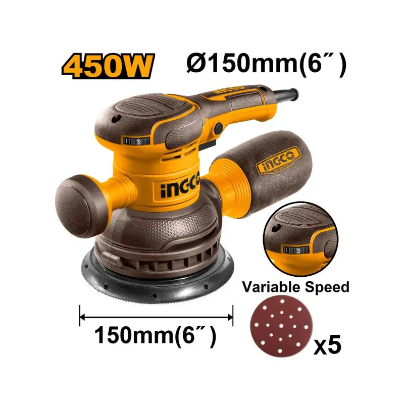 Ingco 450W Rotary Sander – 150 Mm Pad, Includes Accessories 1