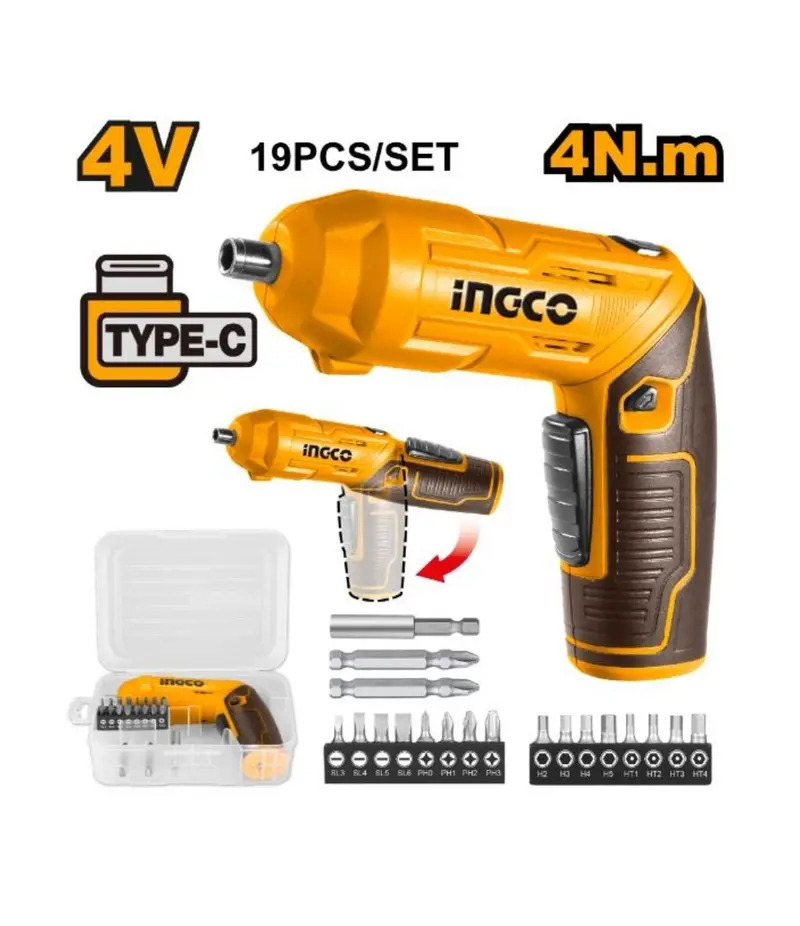 Ingco 4V Cordless Screwdriver Set – Includes One Bit, Ultra-Compact 1
