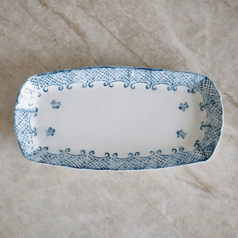 Large Hand-Painted Indigo Ceramic Serving Tray 1