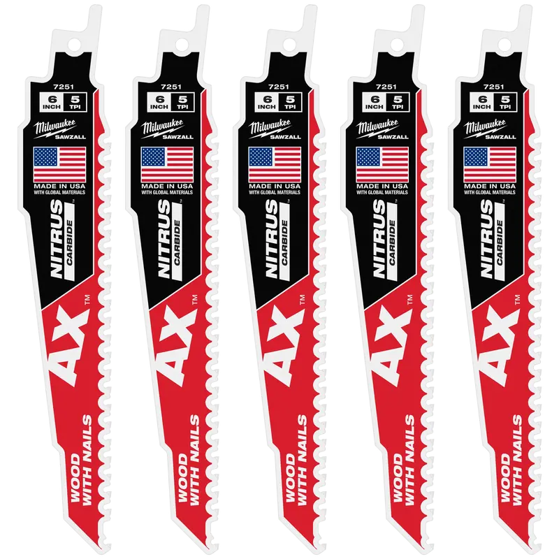 Milwaukee 48-00-7551 Ax™ Sawzall® Blade – 6" X 5 Tpi, Nitrus™ Carbide-Tipped For Nail-Embedded Wood (5-Pack) 1