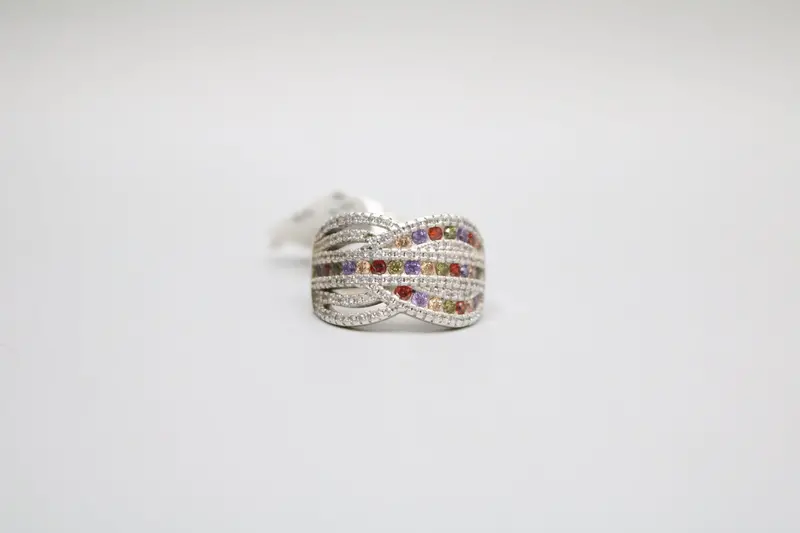 Sterling Silver Multicolor Bypass Ring – Vibrant Stone Inlay, Size 7.75 1