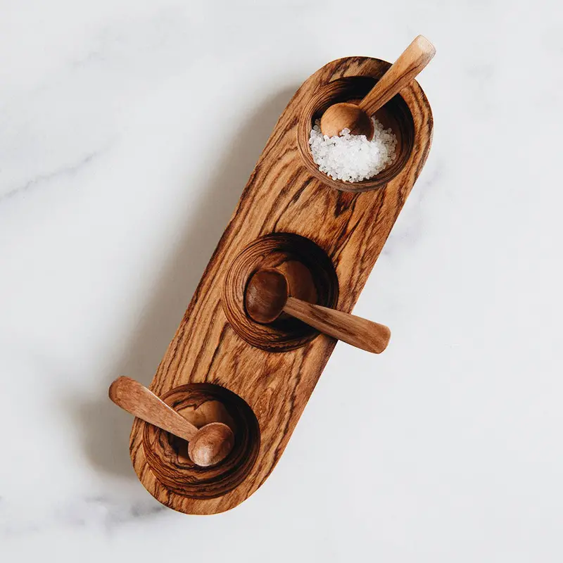 Triple-Compartment Ceramic Spice Bowl With Matching Wooden Spoons 1