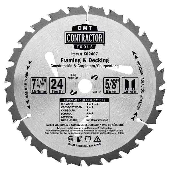 Cmt K02408 Itk Framing And Decking Saw Blade – 8-1/4" Diameter, 24-Tooth Atb Design With 5/8" Arbor 1